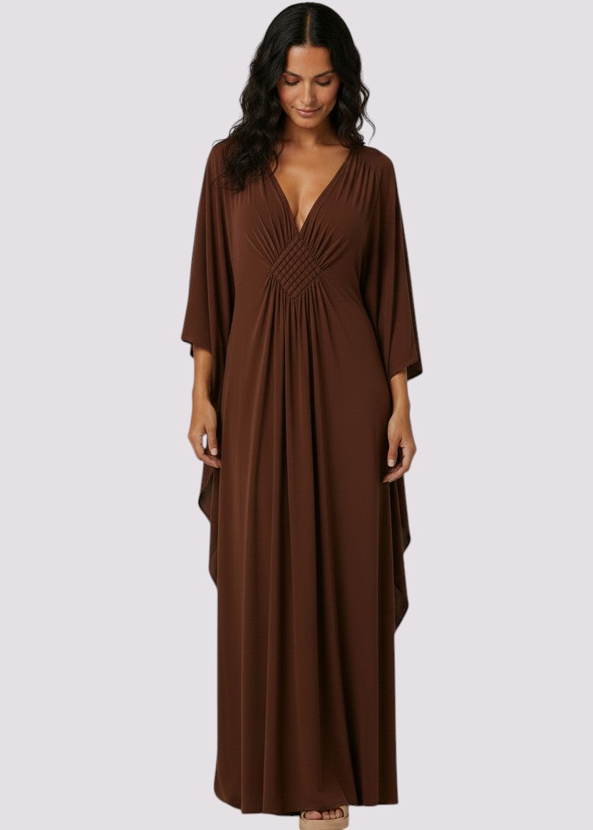 V Neck Kaftan with Diamond Pintuck - Brown