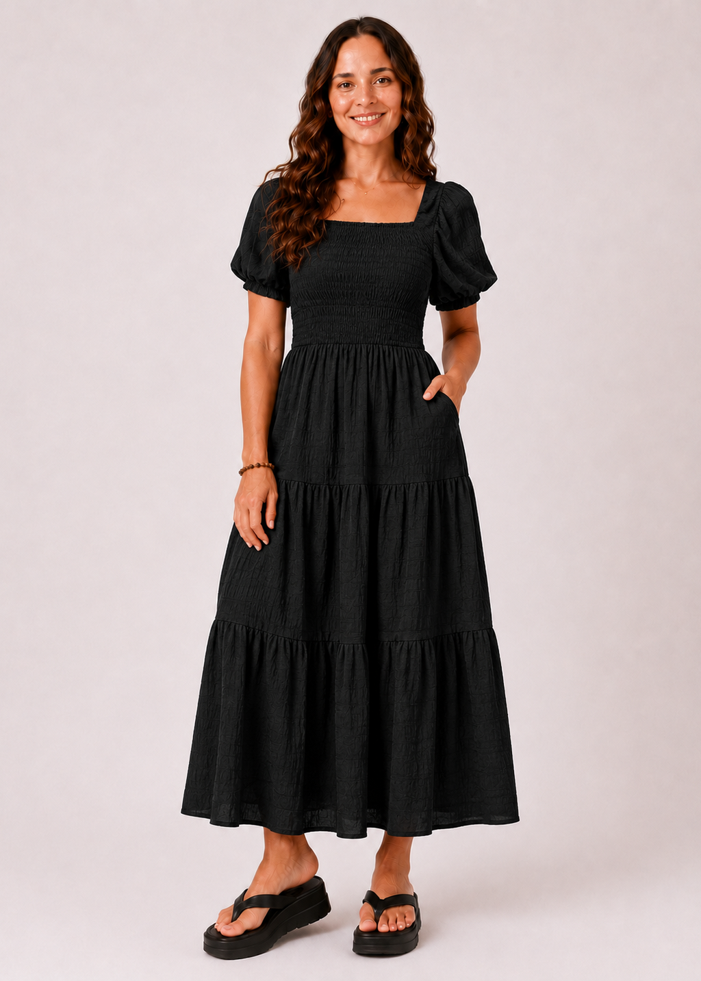 Shirred Square Neck Midi Dress with Flutter Sleeves & Pockets - Black