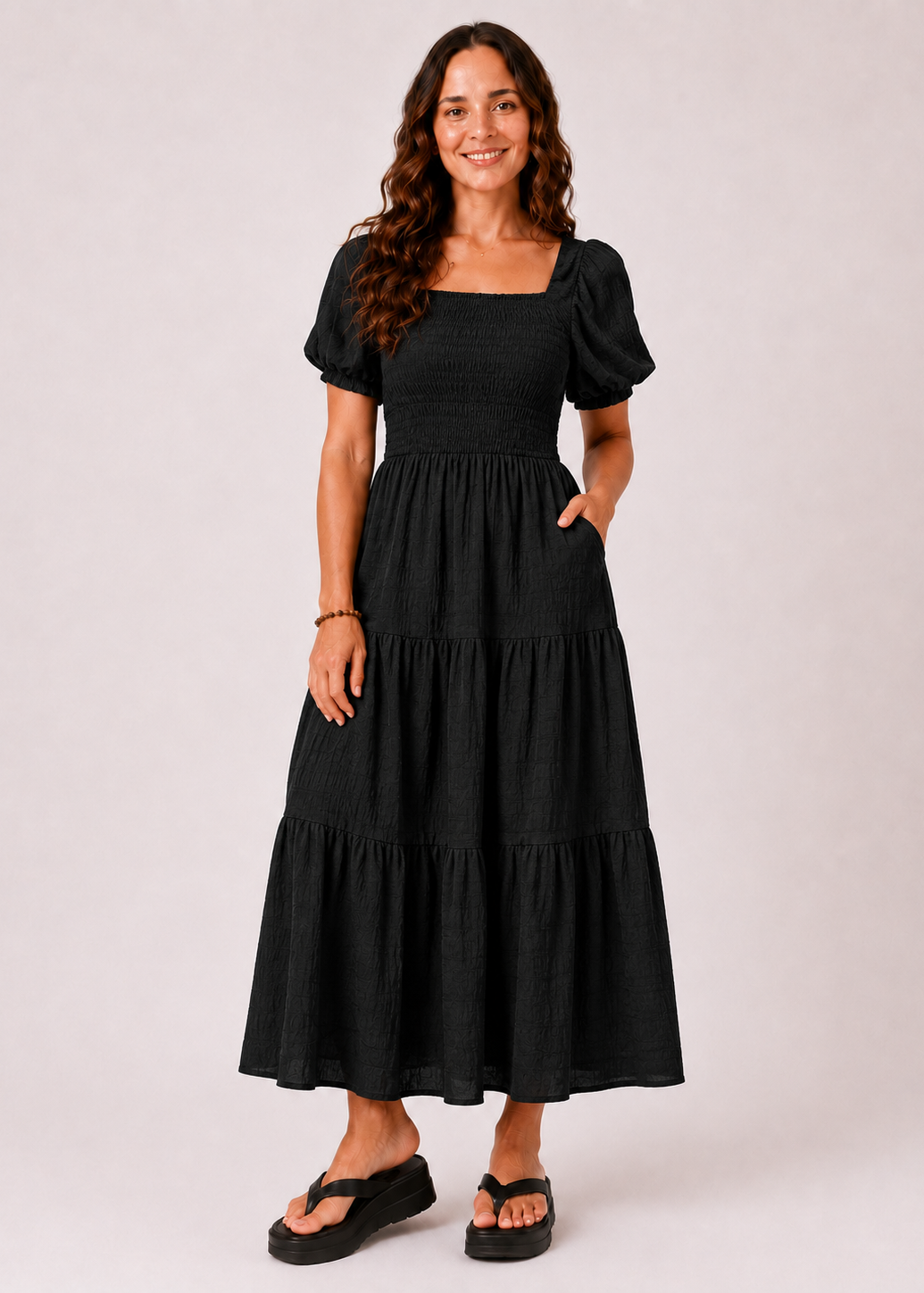 Shirred Square Neck Midi Dress with Flutter Sleeves & Pockets - Black