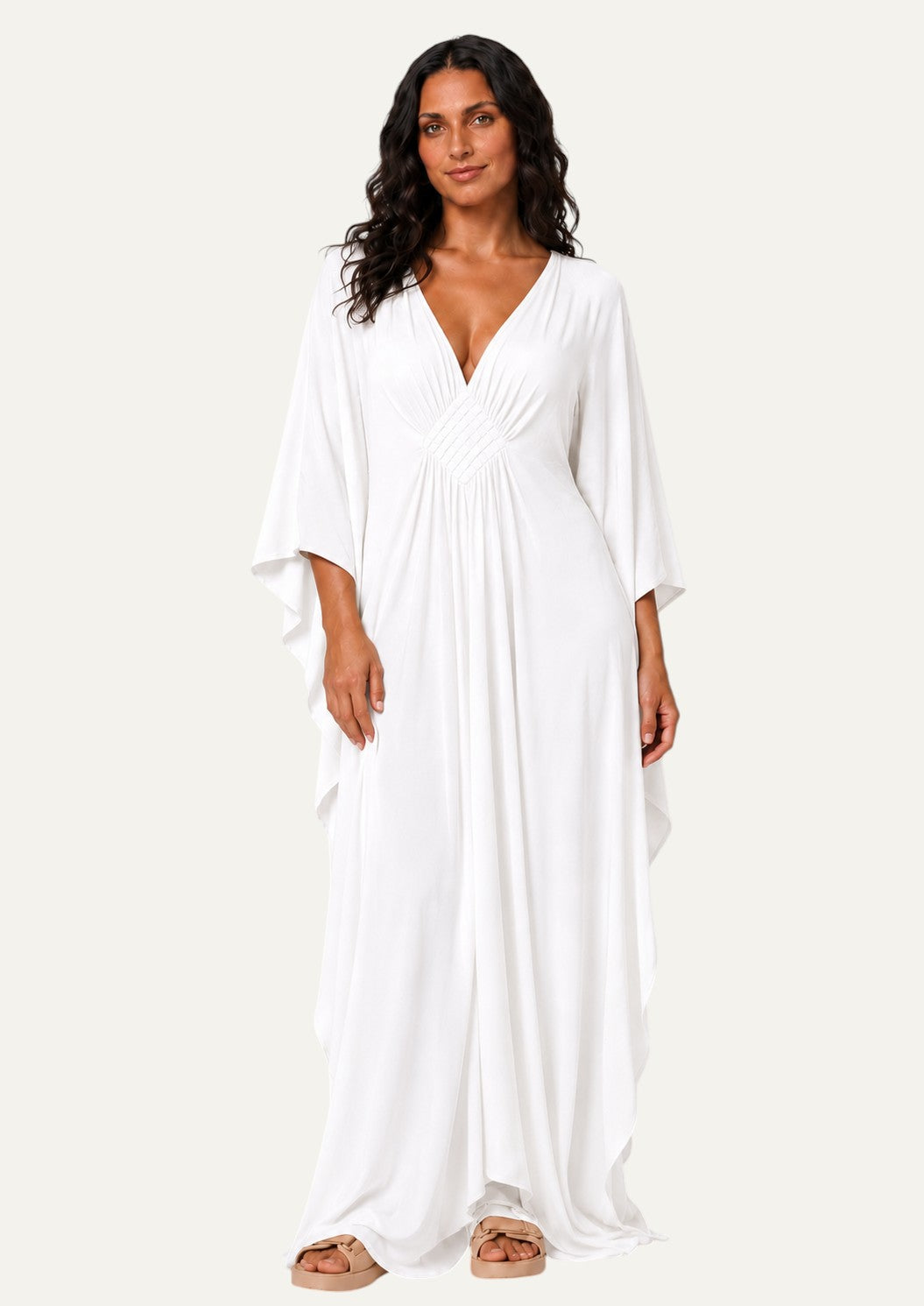 White V Neck Kaftan with Diamond Pintuck