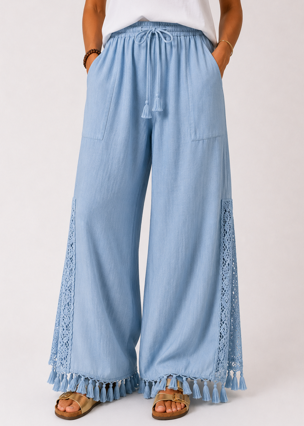 Pull On Wide Leg Pants with Crochet Detail & Pocket