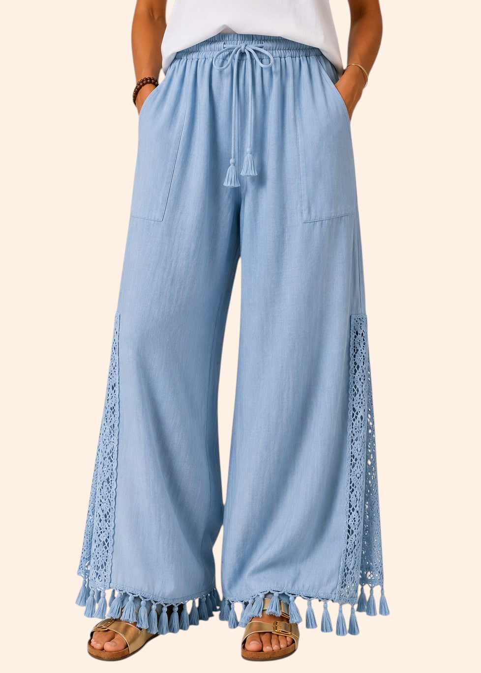 Pull On Wide Leg Pants with Crochet Detail & Pocket - Light Blue