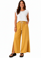 Wide Leg Linen Look Drawstring Pants with Side Splits - Mustard