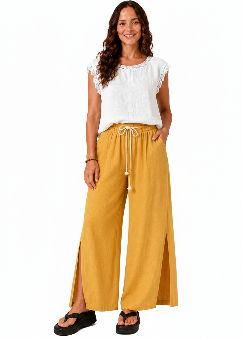 Wide Leg Linen Look Drawstring Pants with Side Splits - Mustard