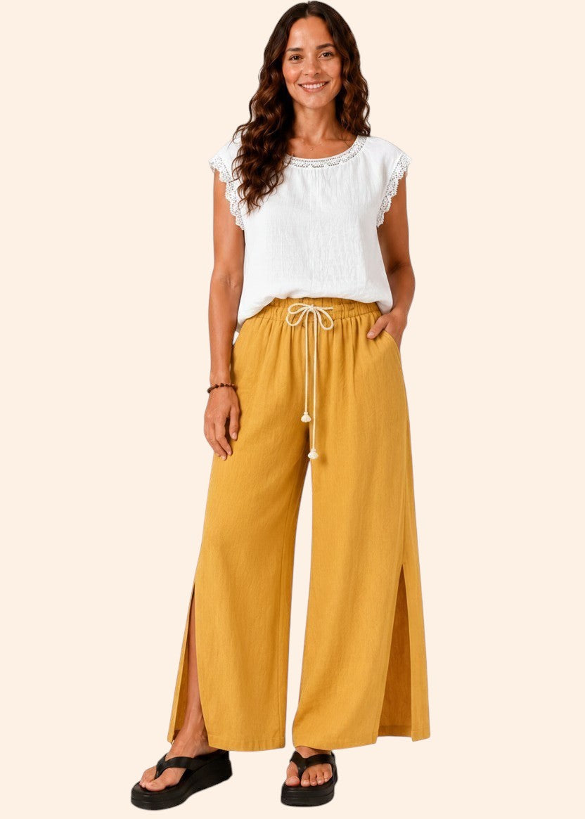 Wide Leg Linen Look Drawstring Pants with Side Splits - Mustard