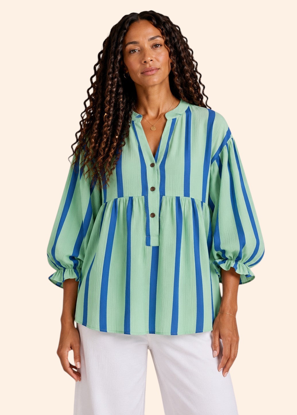 Half Button Smock Blouse with Balloon Sleeves - Mint & Blue Stripe