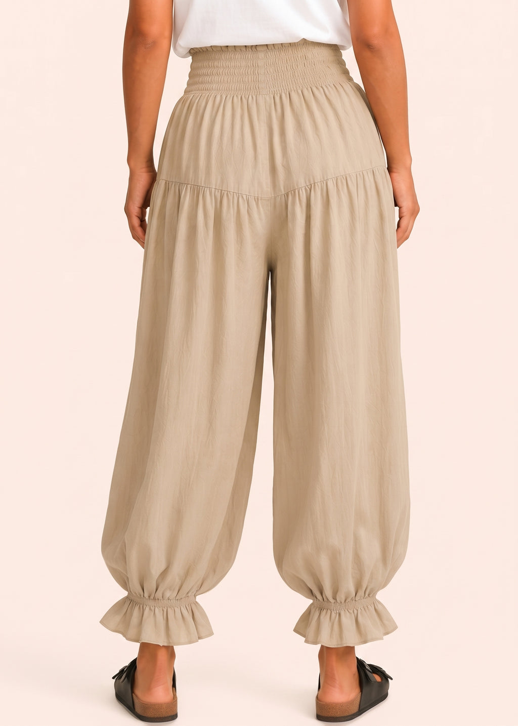 Balloon Pant with Shirred Waistband & Pockets - Beige-Zeemara