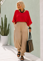 Balloon Pant with Shirred Waistband & Pockets - Beige-Zeemara