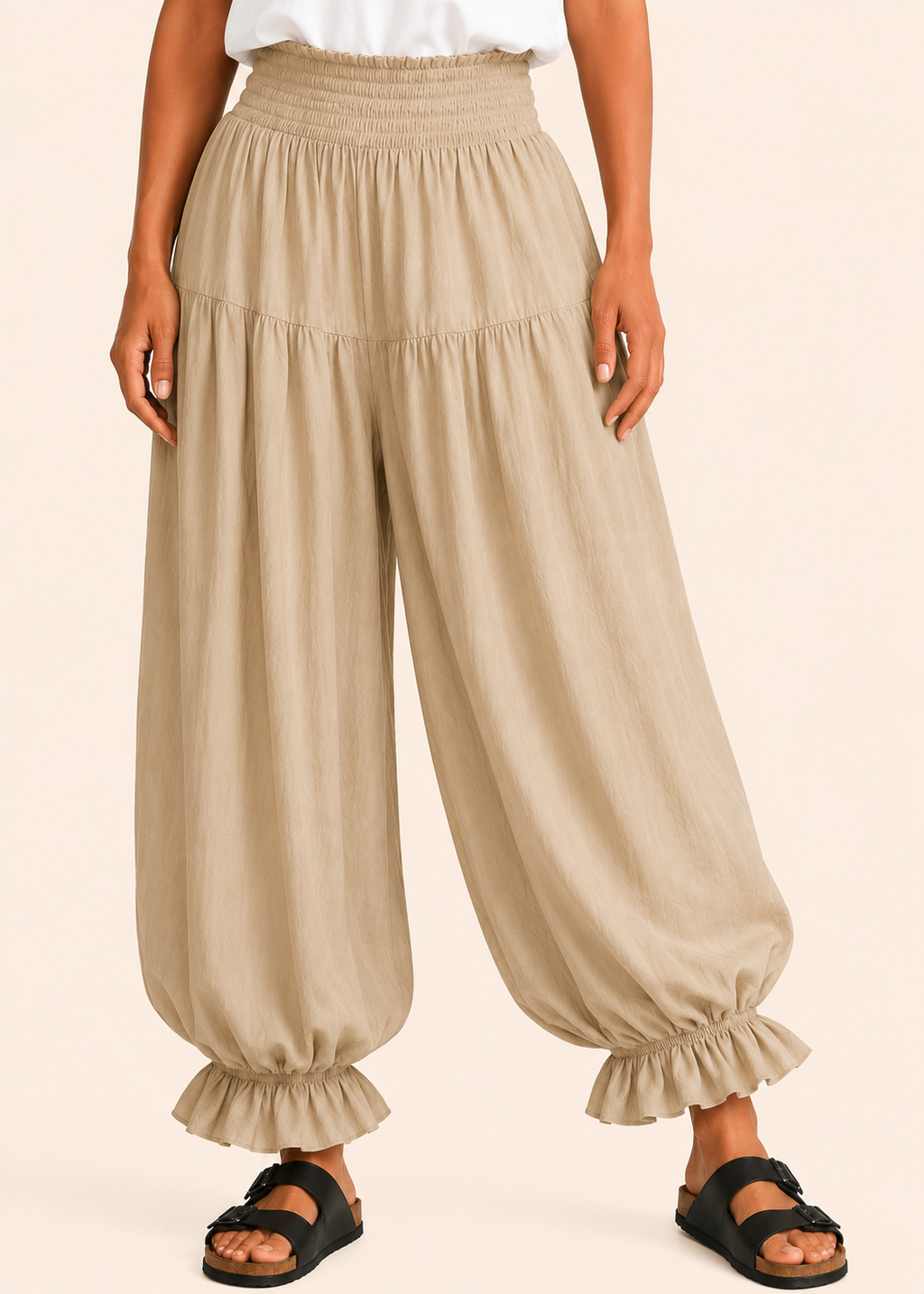 Balloon Pant with Shirred Waistband & Pockets - Beige-Zeemara