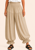 Balloon Pant with Shirred Waistband & Pockets - Beige-Zeemara