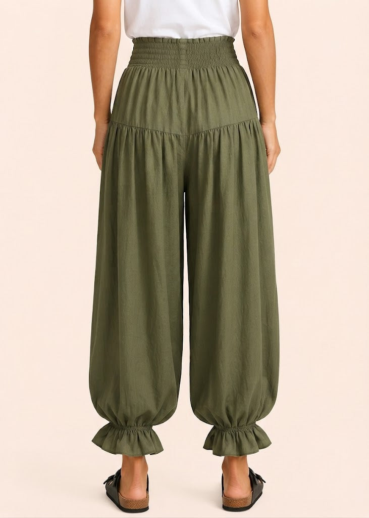 Balloon Pant with Shirred Waistband & Pockets - Khaki-Zeemara