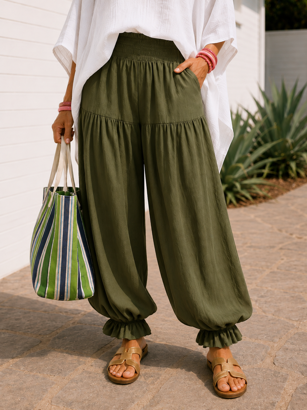 Balloon Pant with Shirred Waistband & Pockets - Khaki-Zeemara