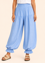 Balloon Pant with Shirred Waistband & Pockets - Light Blue-Zeemara