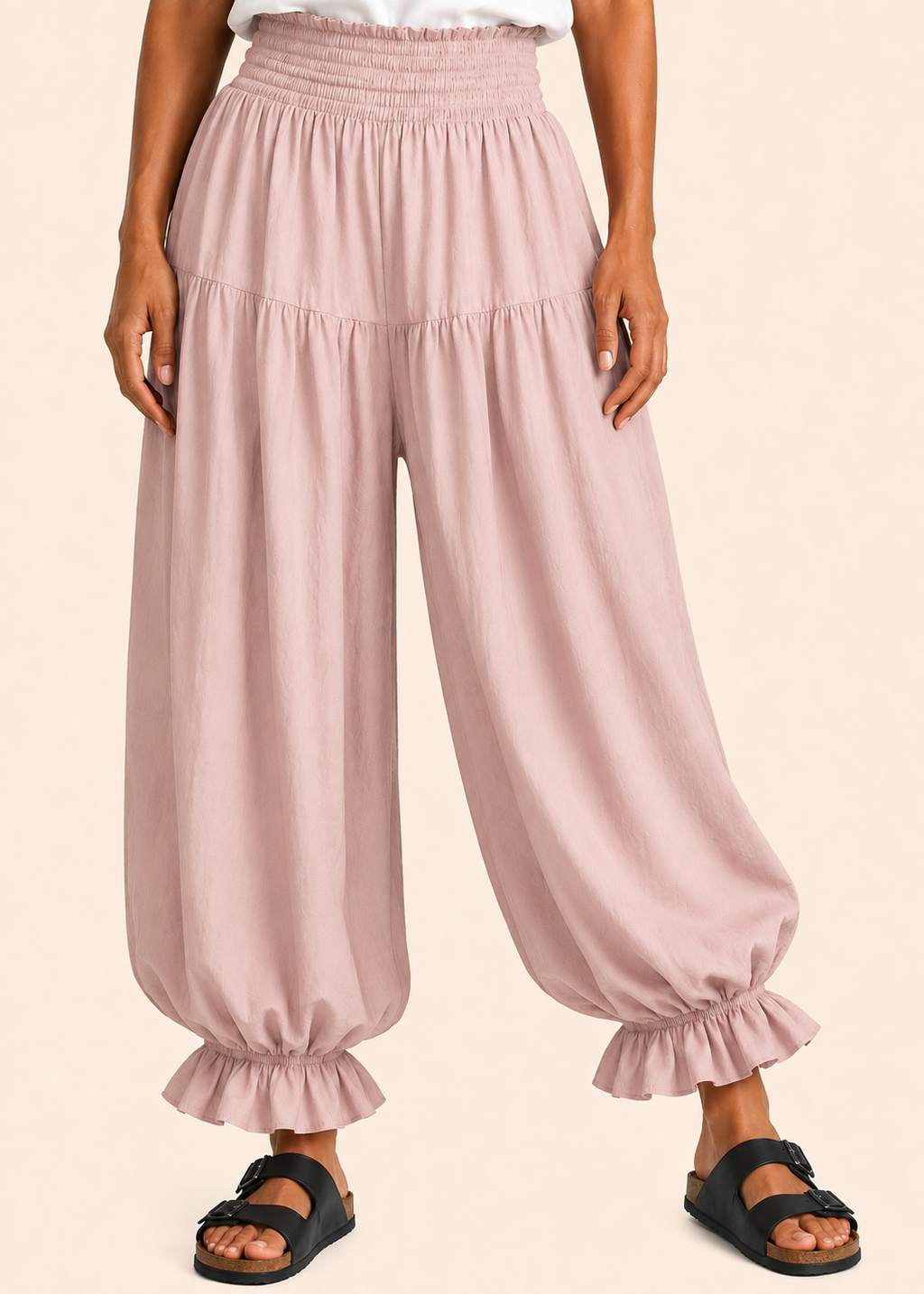 Balloon Pant with Shirred Waistband & Pockets - Light Pink-Zeemara