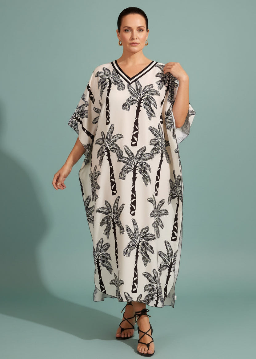 Black Palm V Neck Kaftan-Zeemara