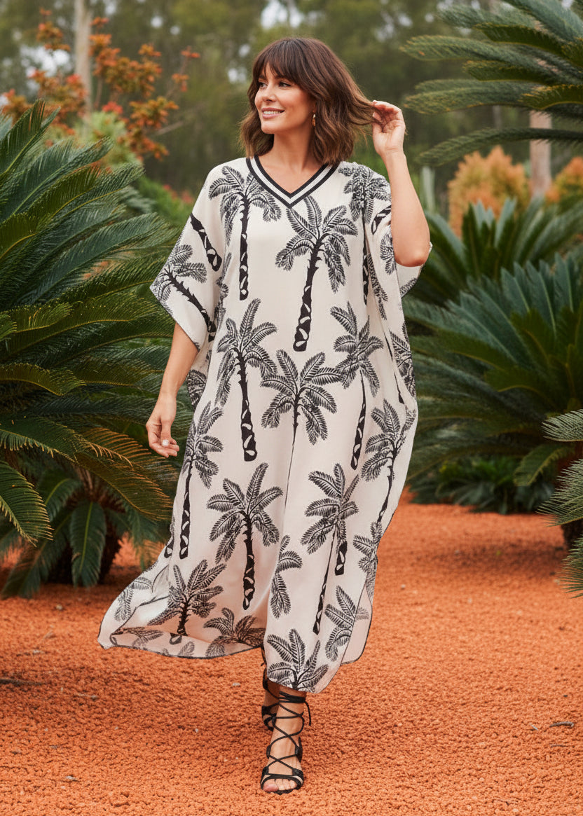 Black Palm V Neck Kaftan-Zeemara