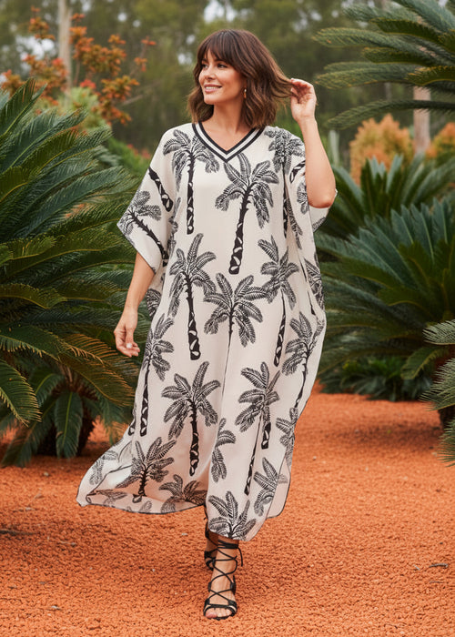 Black Palm V Neck Kaftan-Zeemara