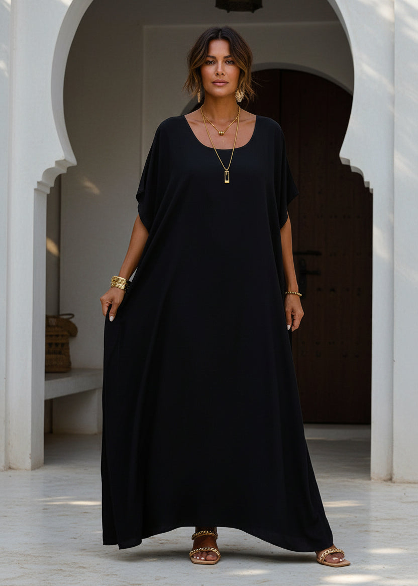 Black Round Neck Kaftan-Zeemara