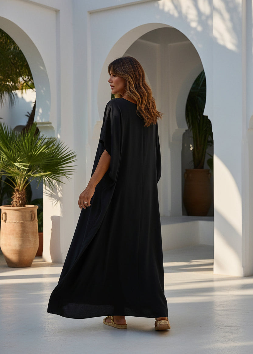 Black Round Neck Kaftan-Zeemara