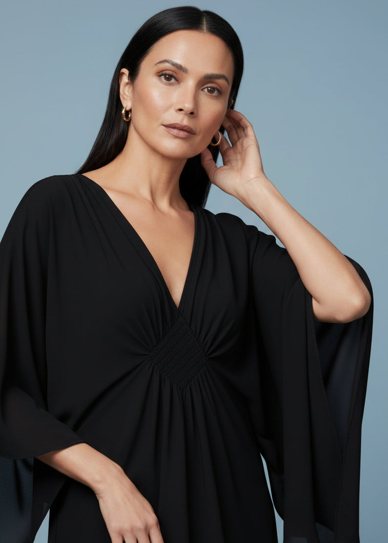 Black V Neck Kaftan with Diamond Pintuck-Zeemara