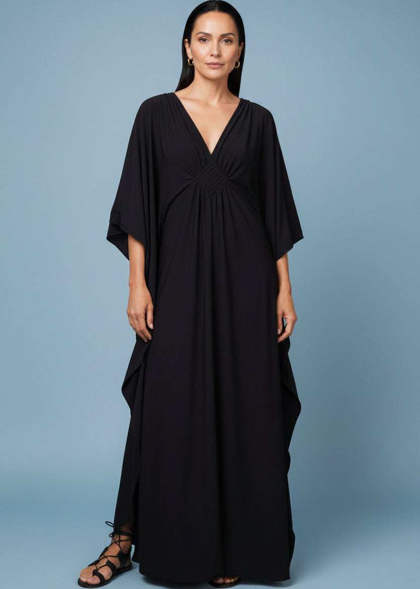 Black V Neck Kaftan with Diamond Pintuck-Zeemara