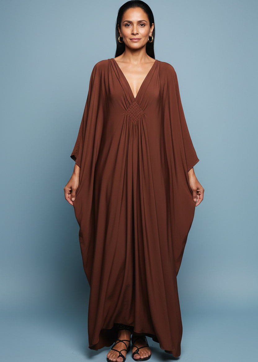 Brown V Neck Kaftan with Diamond Pintuck-Zeemara