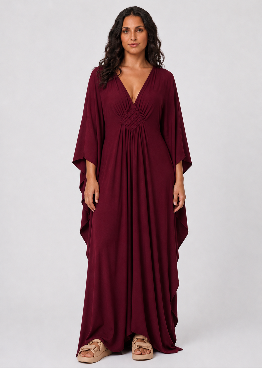 Burgundy V Neck Kaftan with Diamond Pintuck