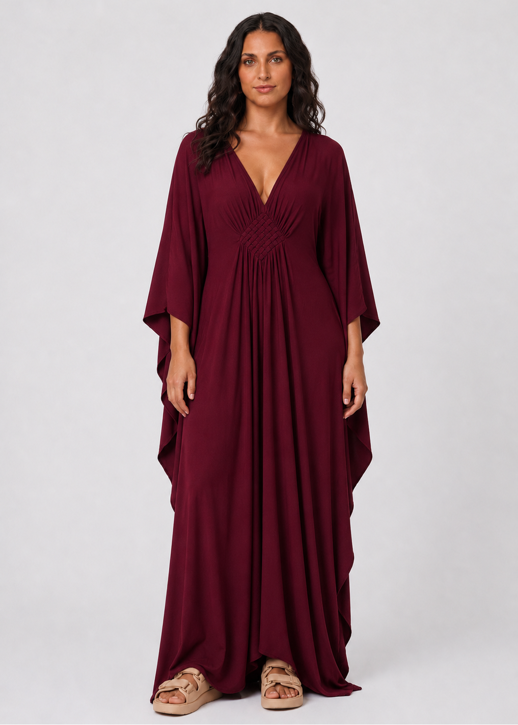 Burgundy V Neck Kaftan with Diamond Pintuck