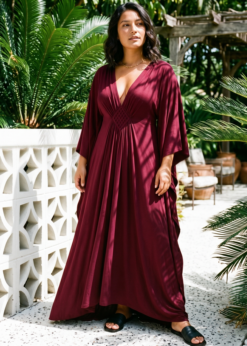 Burgundy V Neck Kaftan with Diamond Pintuck