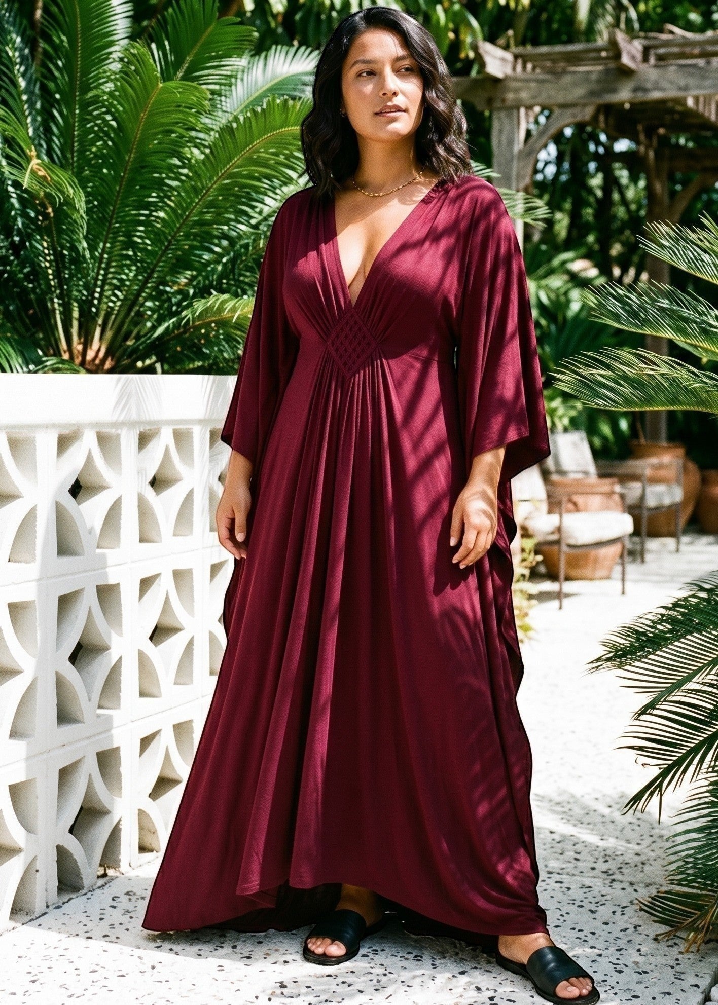 Burgundy V Neck Kaftan with Diamond Pintuck