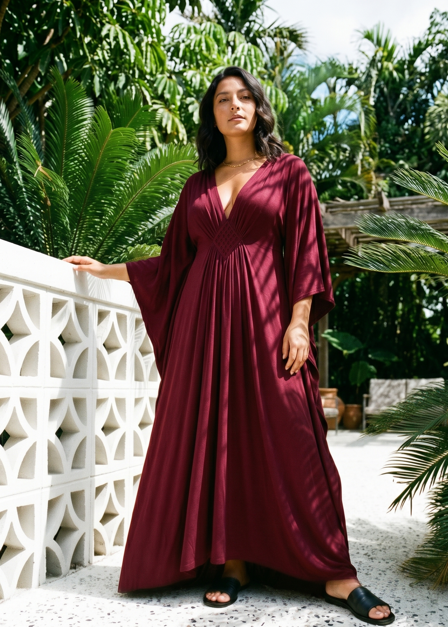 Burgundy V Neck Kaftan with Diamond Pintuck