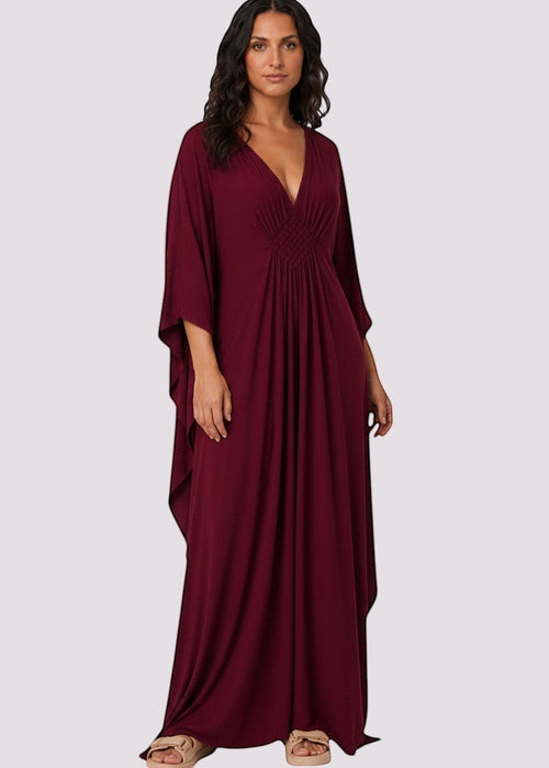 Burgundy V Neck Kaftan with Diamond Pintuck