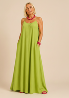 Square Neck Spaghetti Strap Maxi Dress with Pockets - Lime