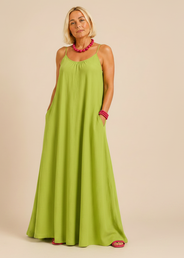 Square Neck Spaghetti Strap Maxi Dress with Pockets - Lime