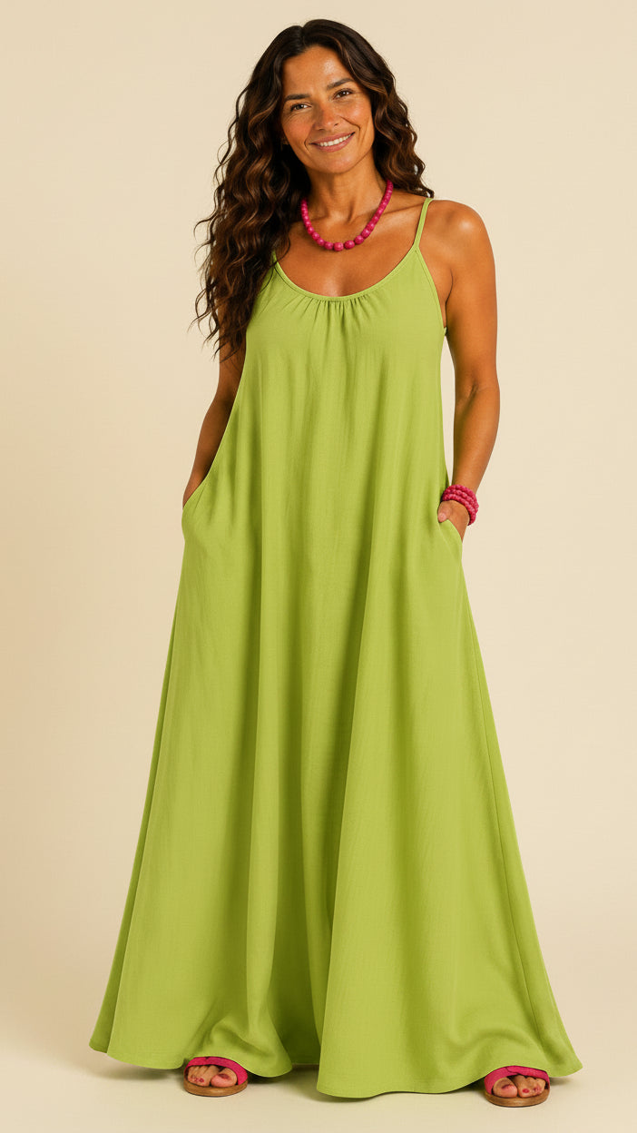 Square Neck Spaghetti Strap Maxi Dress with Pockets - Lime