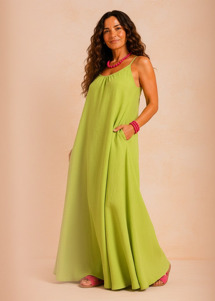 Square Neck Spaghetti Strap Maxi Dress with Pockets - Lime