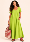 Short Sleeve Scoop Neck Maxi Dress with Pockets - Lime