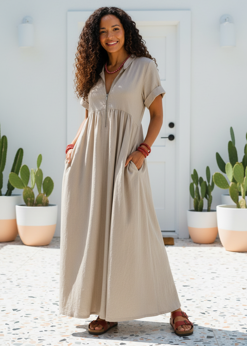 V Neck Maxi Dress with Zip Front & Pockets - Beige