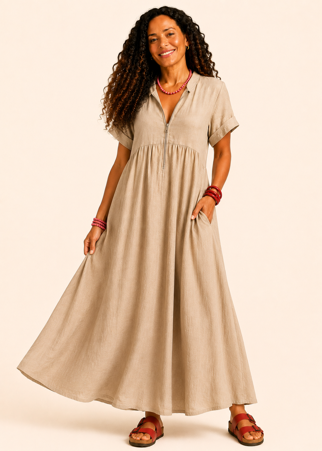 V Neck Maxi Dress with Zip Front & Pockets - Beige