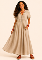 V Neck Maxi Dress with Zip Front & Pockets - Beige