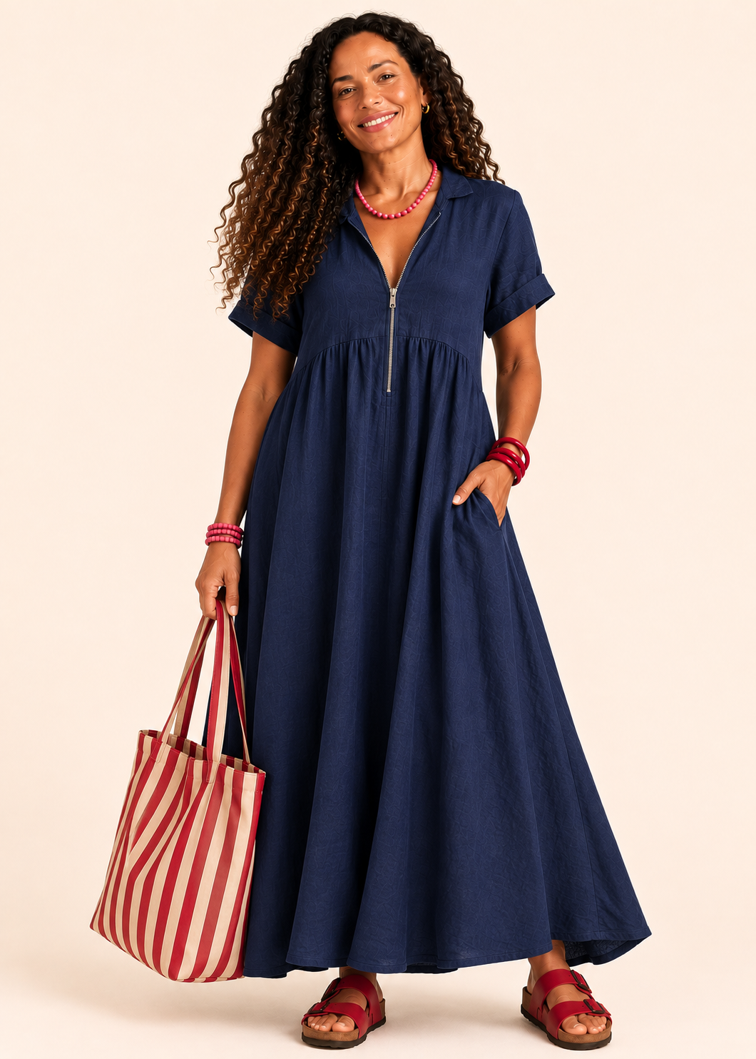 V Neck Maxi Dress with Zip Front & Pockets - Navy