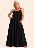 Square Neck Spaghetti Strap Maxi Dress with Pockets - Black