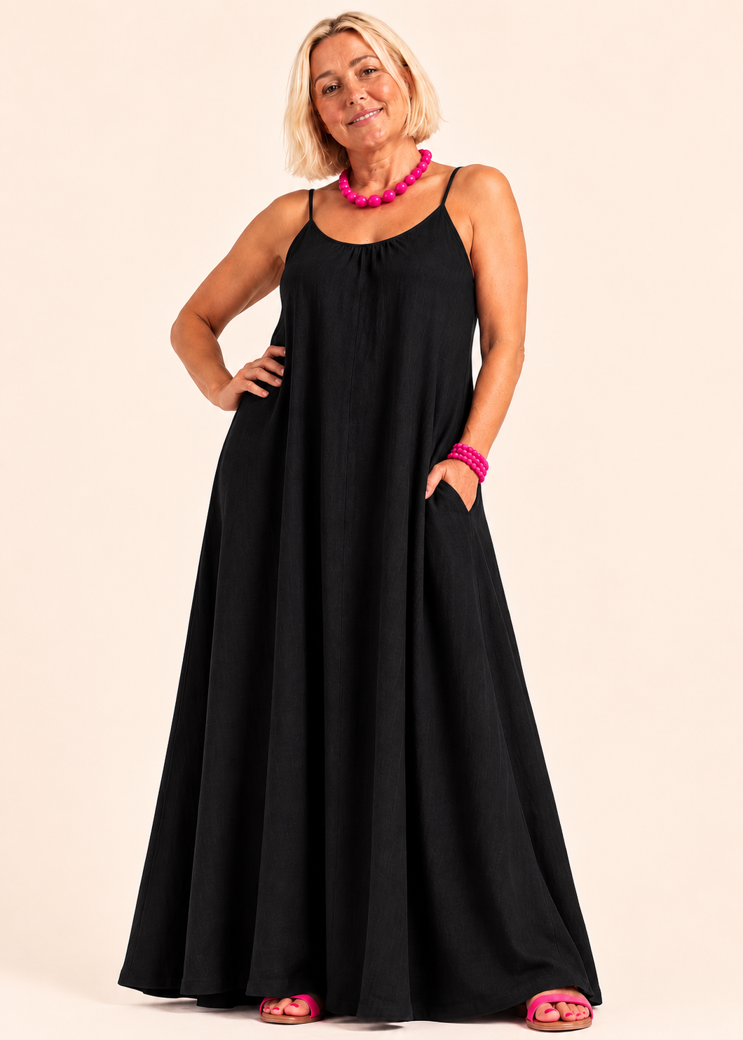 Square Neck Spaghetti Strap Maxi Dress with Pockets - Black