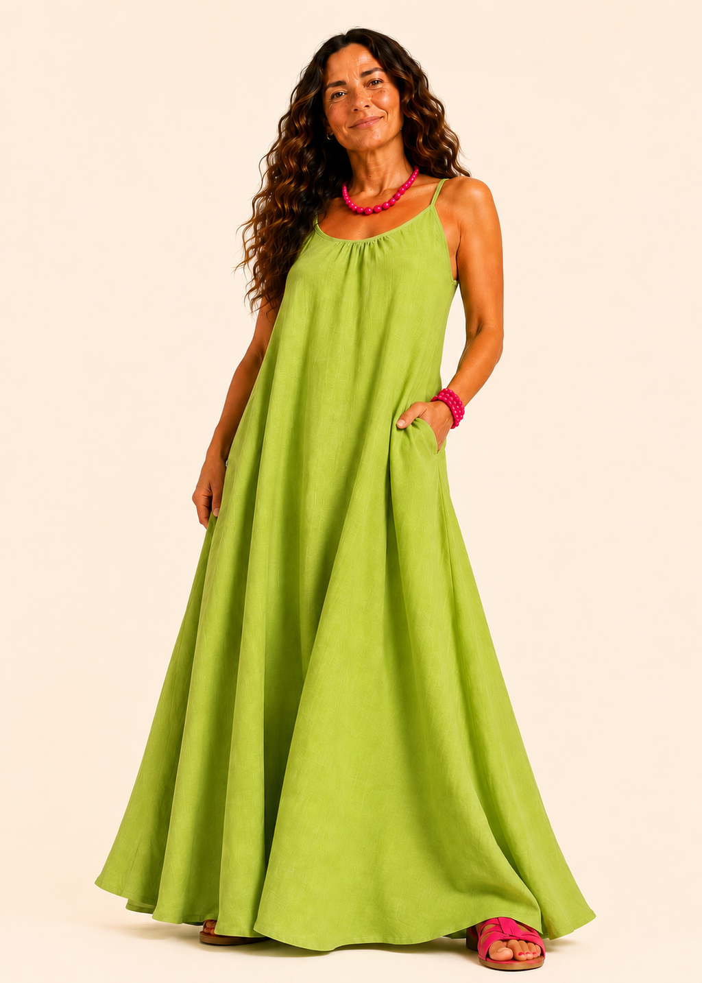 Square Neck Spaghetti Strap Maxi Dress with Pockets - Lime