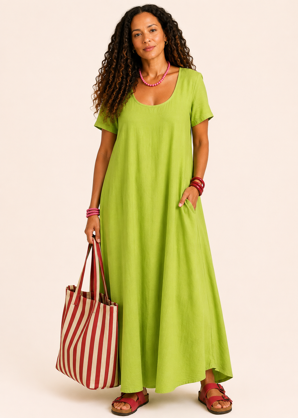 Short Sleeve Scoop Neck Maxi Dress with Pockets - Lime