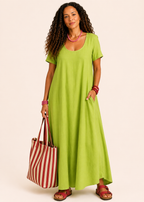 Short Sleeve Scoop Neck Maxi Dress with Pockets - Lime