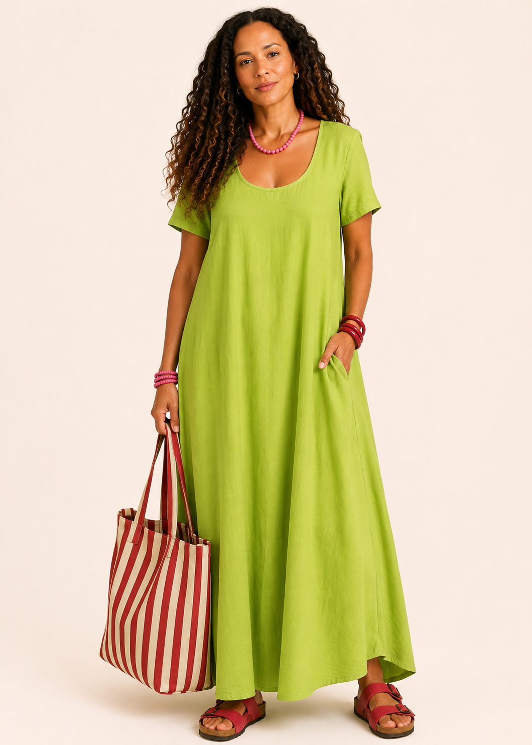 Short Sleeve Scoop Neck Maxi Dress with Pockets - Lime