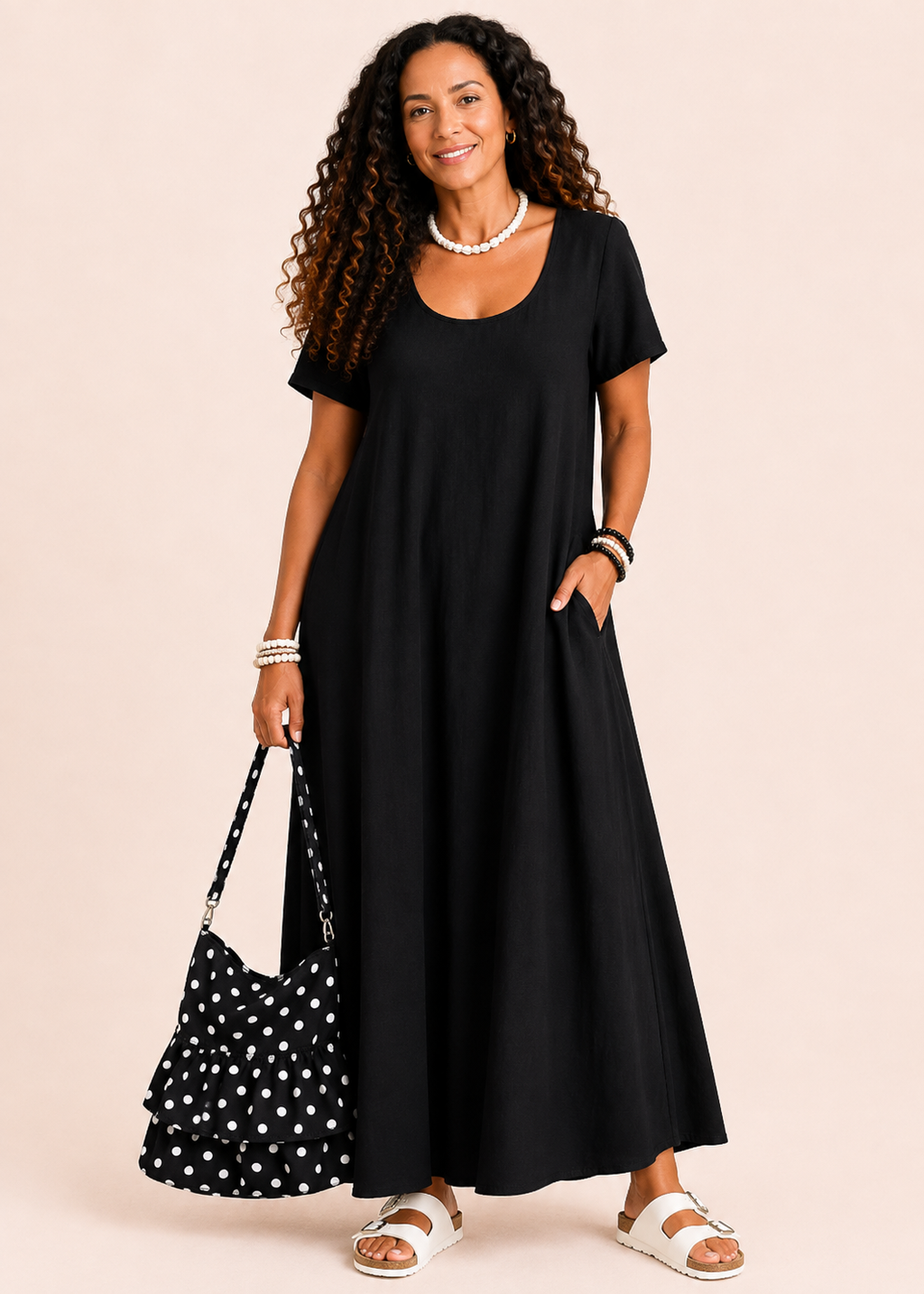 Short Sleeve Scoop Neck Maxi Dress with Pockets - Black