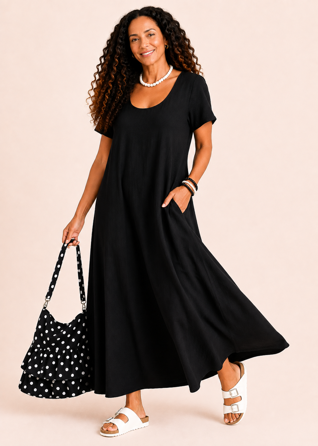 Short Sleeve Scoop Neck Maxi Dress with Pockets - Black