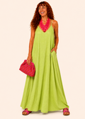 V Neck Spaghetti Strap Maxi Dress with Pockets - Lime